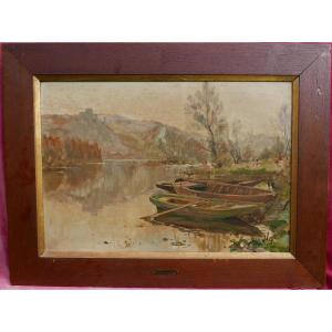 Verdier Painting Landscape Boats Lake In Mountains Oil/canvas Late 19th Century