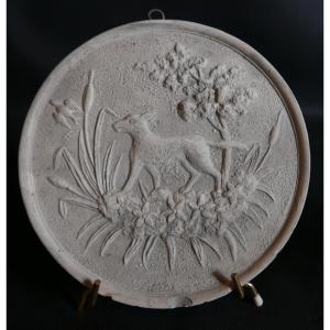 Grand Médaillon Loup Chassant fin XVIIIème - début XIXème siècle Plâtre Dur