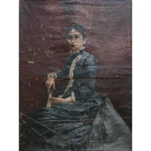 Emile Tabary, Large Portrait Of A Young Woman, Oil On Canvas, 19th Century, Signed