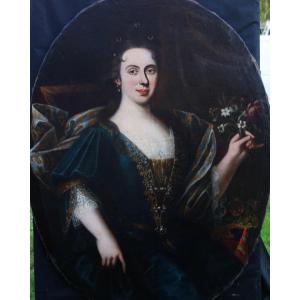Large Portrait Of A Woman From The Louis XIV Era, Oil On Canvas, 17th Century