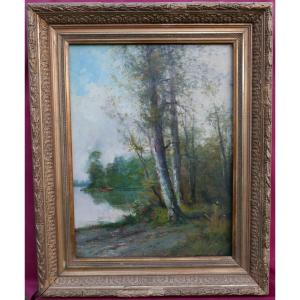 Landscape, Wooded Pondside, Barbizon School, Oil On Canvas, Late 19th Century