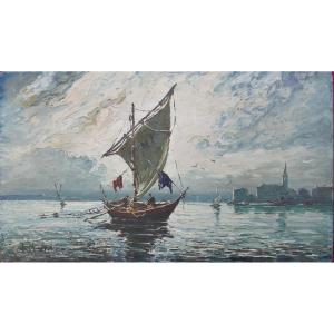 Hurard Marine Barque de Pêcheurs en Mer Huile/Panneau du XXème siècle Signé