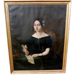 Portrait de Jeune Femme Epoque Louis Philippe Huile/Toile du XIXème siècle