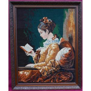 Canvas Painting, Portrait Of A Woman Reading, After Fragonard, 20th Century