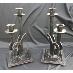 Pair Of Hammered Wrought Iron Candlesticks, Art Deco Period, 20th Century