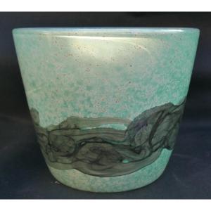 Vase Vintage en Verre et Pâte de Verre Signé Mona
