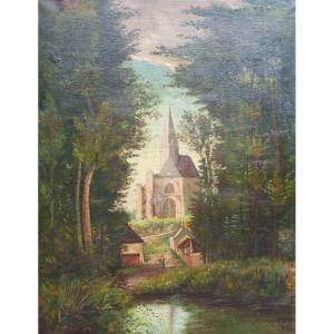 Bayet Painting Landscape Church View Oil On Canvas Late 19th Century Signed