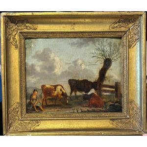 Paysage Rural aux Vaches Animé Huile/Panneau du XVIIIème siècle