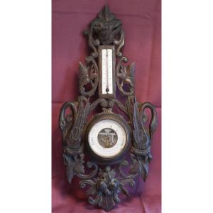 Baromètre Ancien aux Cygnes en Bois Sculpté Style Forêt Noire XIXème siècle