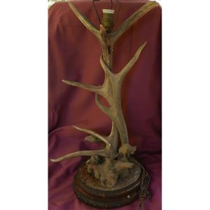 Lampe en Bois de Cerf et Cuir XXème siècle Vintage