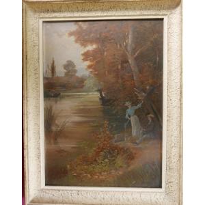 Petitot Paysage Impressionniste Pêche Huile/Toile début XXe siècle Signé