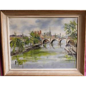 Tableau Paysage Seine Pont Parisien Huile/Toile du XXème siècle Signé Jabuy