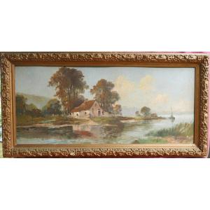 Roberti Large Landscape: House By A Lake Oil On Panel 19th Century Signed