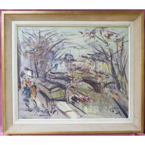 Georges Berger Paysage Vue de Paris Seine Huile/Toile du XXème siècle Signée