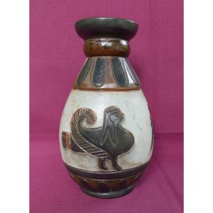 Neo-egyptian Vase Signed Dubois, Made Of Bouffioulx Stoneware, Belgian Ceramics, 20th Century