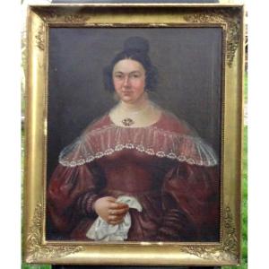 Large Portrait Of Woman From The Louis Philippe Period H / T From The XIXth Century Signed