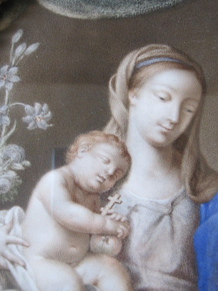 Paire De Tableaux Sur Parchemin De Saint Joseph Et Marie avec Jesus Italie, 18ème Siècle-photo-3