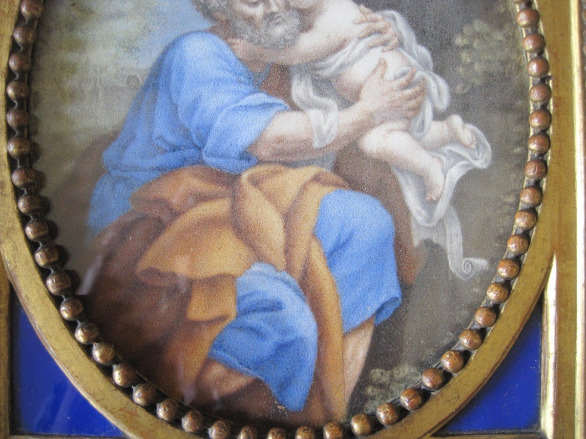 Paire De Tableaux Sur Parchemin De Saint Joseph Et Marie avec Jesus Italie, 18ème Siècle-photo-1
