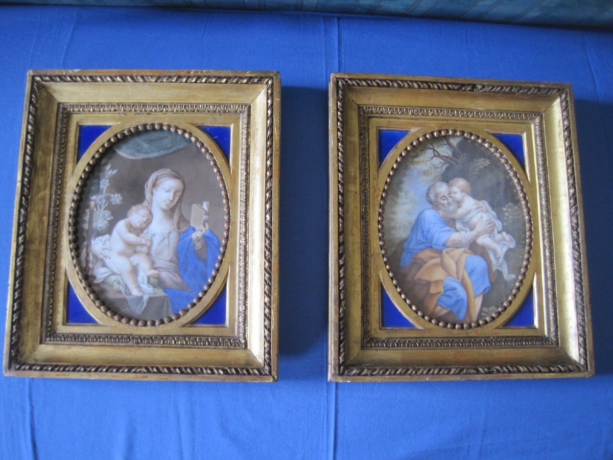 Paire De Tableaux Sur Parchemin De Saint Joseph Et Marie avec Jesus Italie, 18ème Siècle