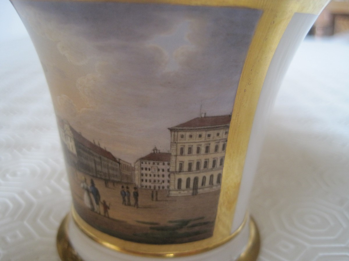 Porcelain Cup And Saucer Painted With A View Of A Square, France Or Germany 1830 Circa-photo-2