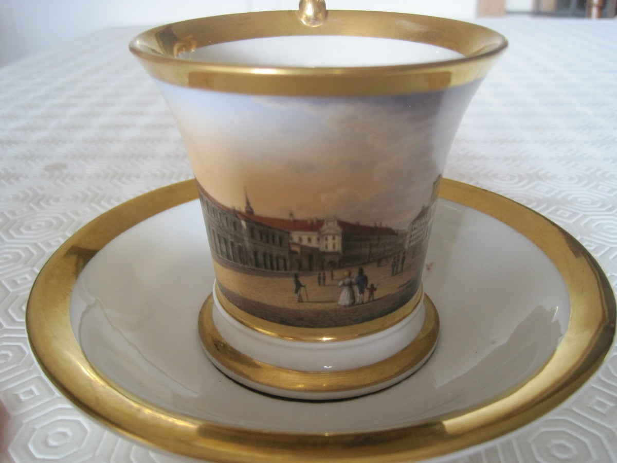 Porcelain Cup And Saucer Painted With A View Of A Square, France Or Germany 1830 Circa