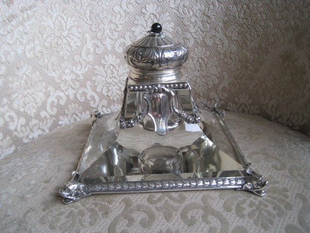 Elegant Silver And Crystal Inkwell, Italy, End XIX Century