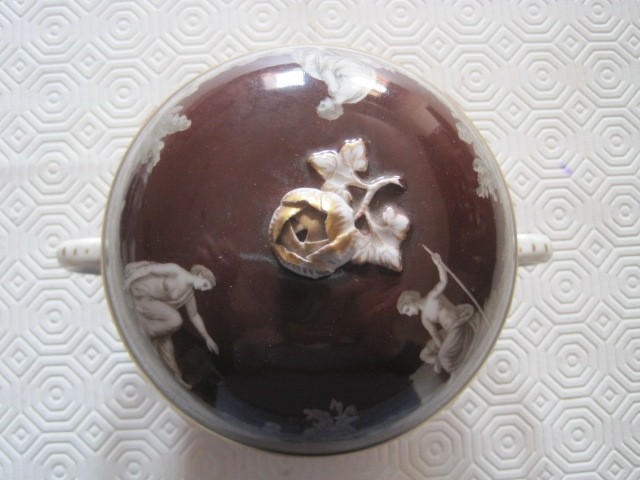 Porcelain Ecuelle Painted With Classic Figures On A Brown Background, Blu Vienna Mark, About 18-photo-4