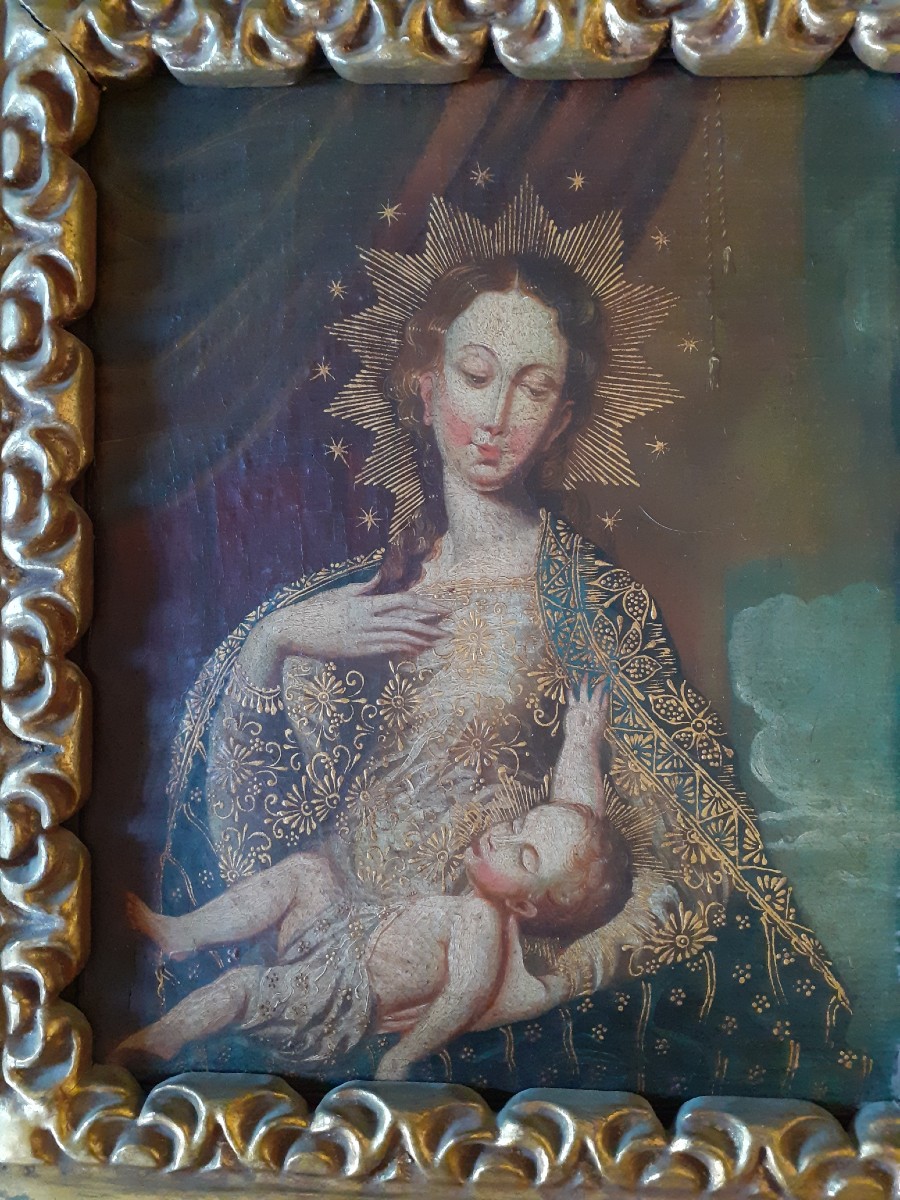 Spanish Or  South American School, Oil On Canvas, Madonna And Child, 19th Cntury-photo-2