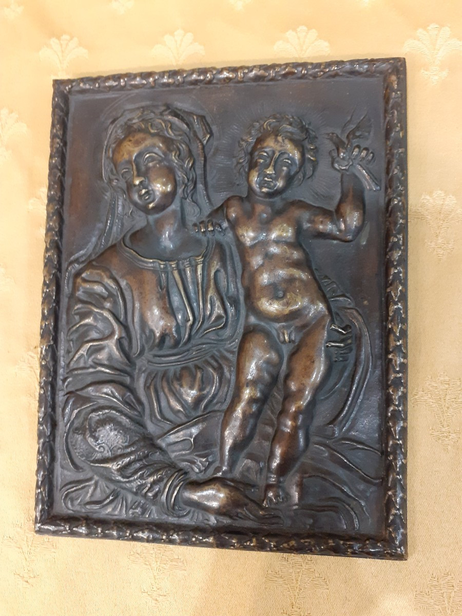 Mary And Child, Bronze Plaque, Italy 19th Century