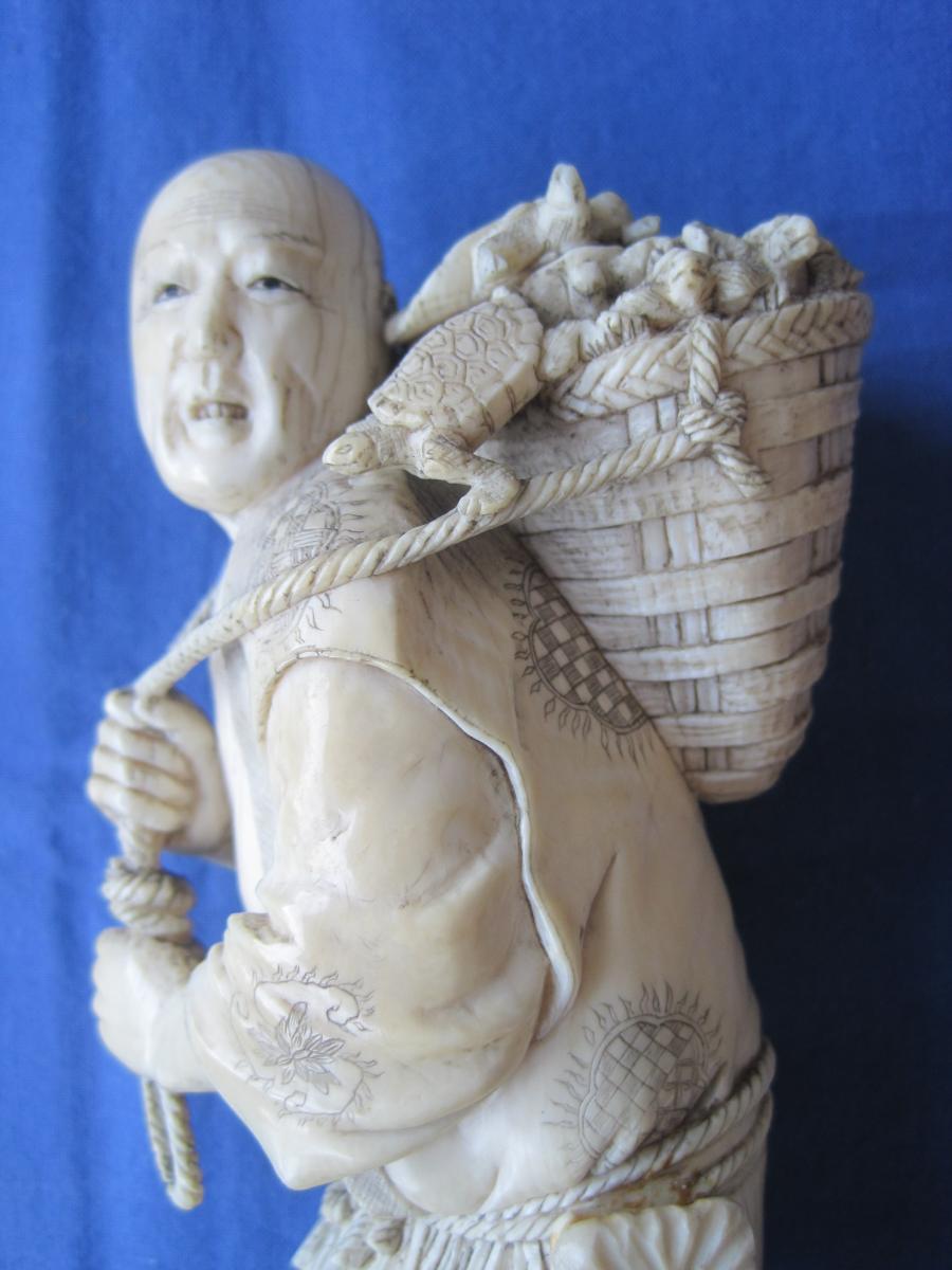 Tortoise Fisherman,,okimono In Ivory, XIX Century. With Cites -photo-3