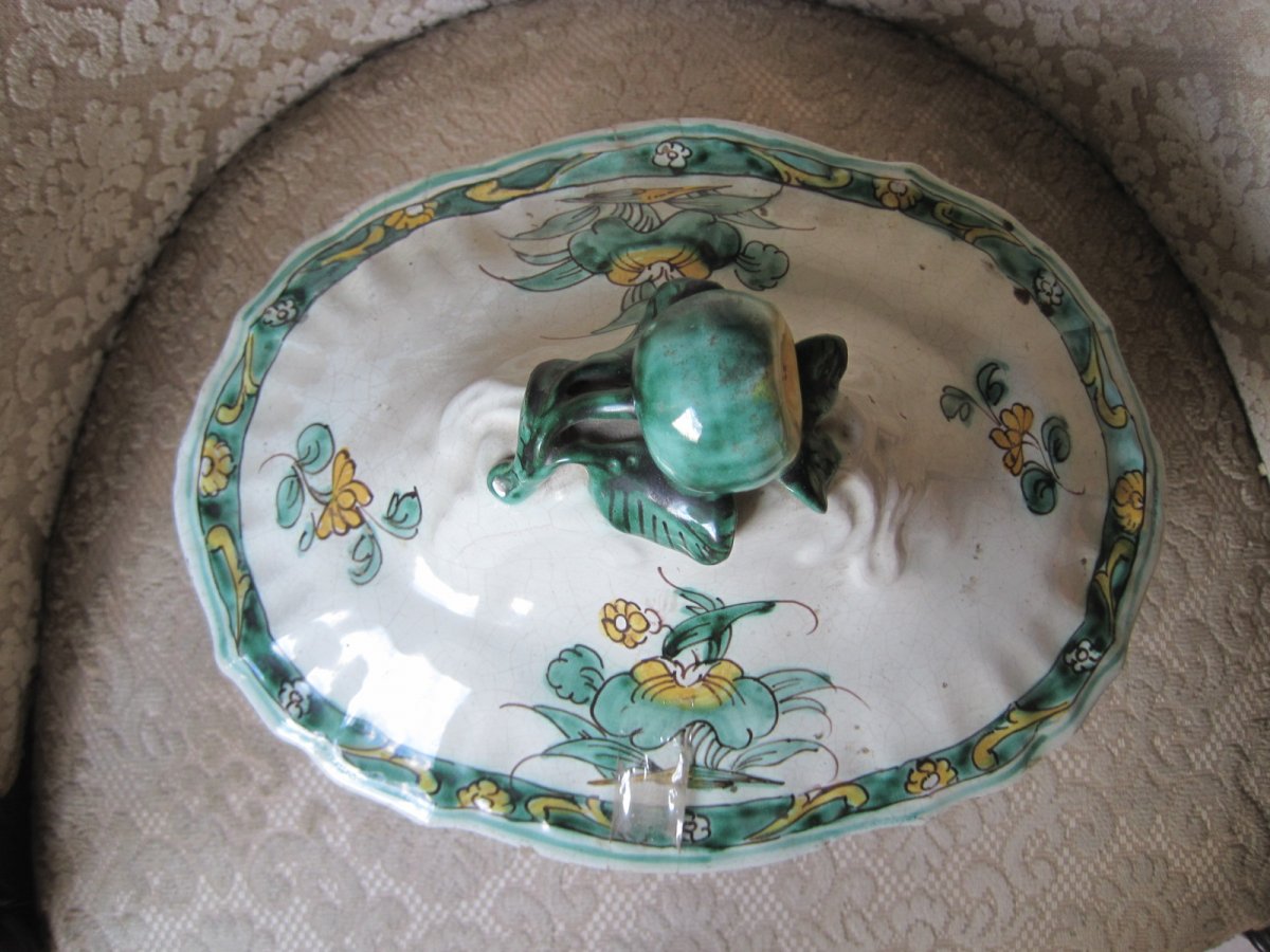Maiolica Soup  Tureen With Green And Yellow Decor Of Flowers And Leaves, Italy, XVIIIth-photo-2