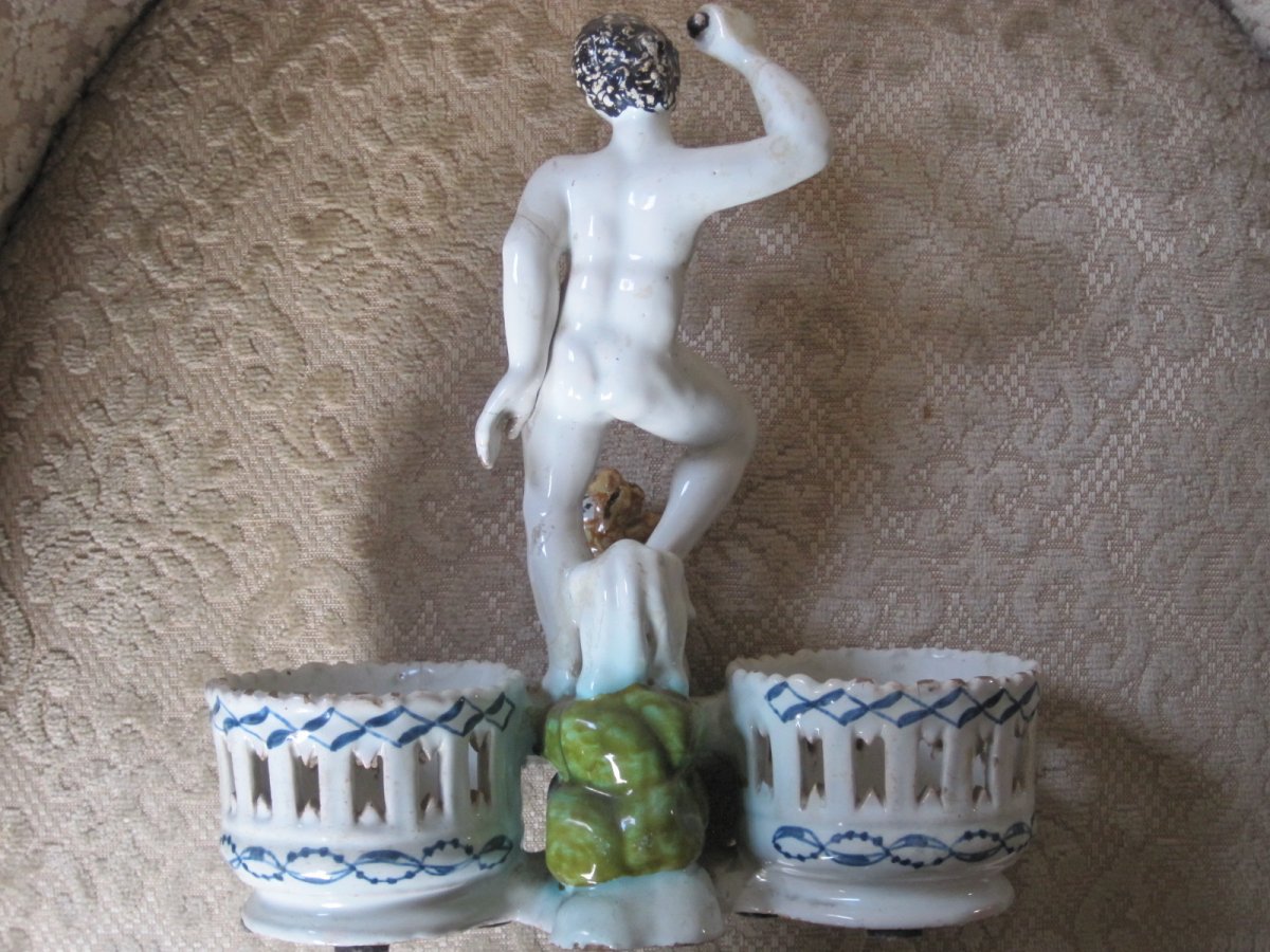 Maiolica Cruet-stand  With A Male Figure And A Lion, Polychrome Decor,  France XVIIIth Century-photo-2