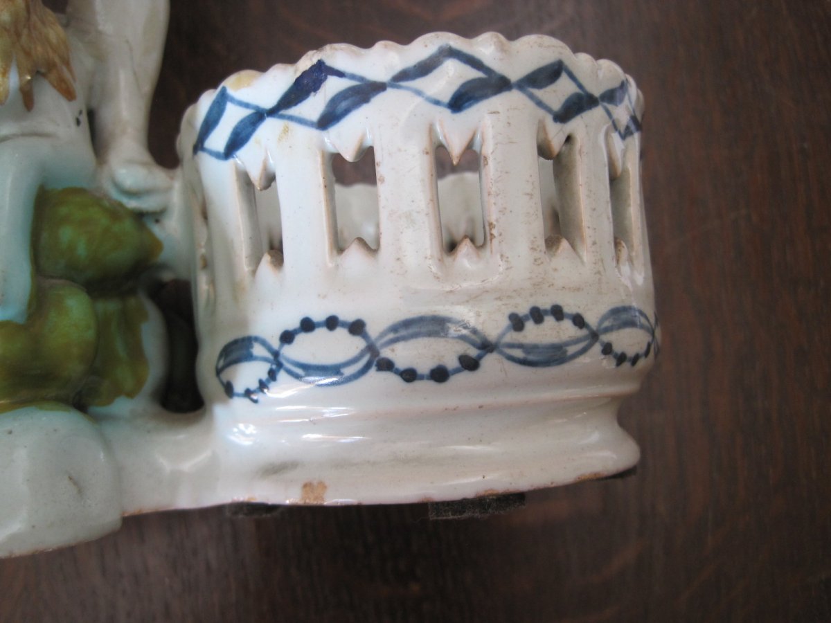 Maiolica Cruet-stand  With A Male Figure And A Lion, Polychrome Decor,  France XVIIIth Century-photo-3