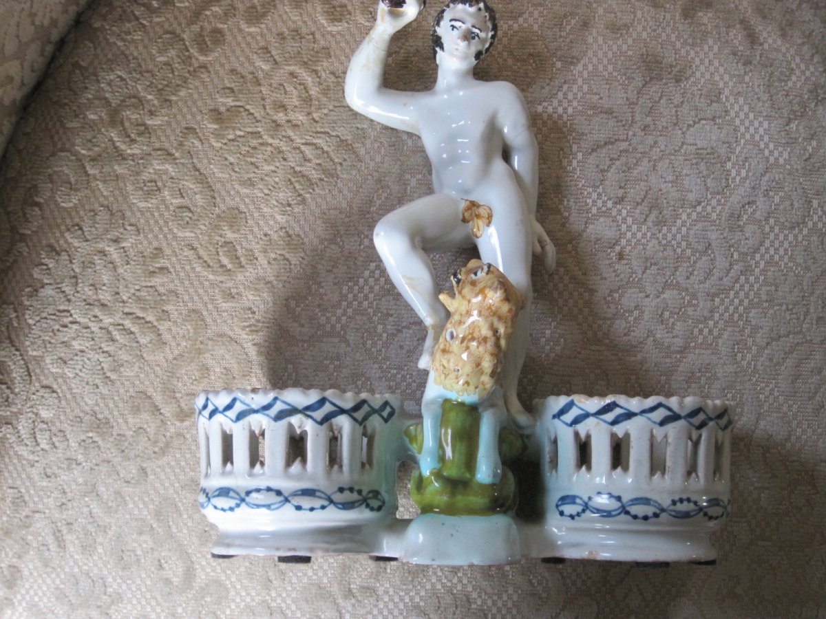 Maiolica Cruet-stand  With A Male Figure And A Lion, Polychrome Decor,  France XVIIIth Centur