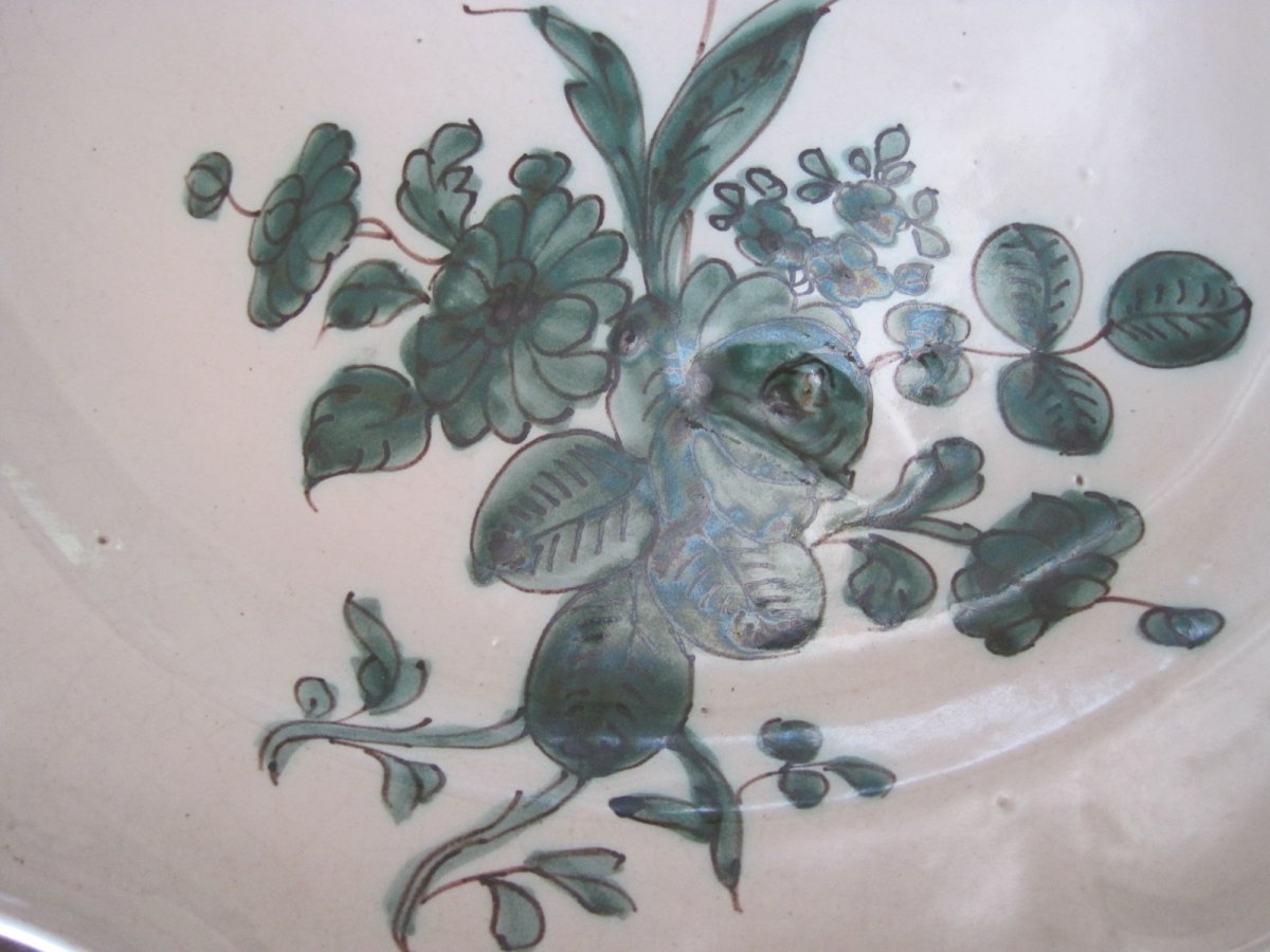 Large Maiolica Dish, Green Decor With Flowers And Foliage, South Italy, XVIIIth-photo-3