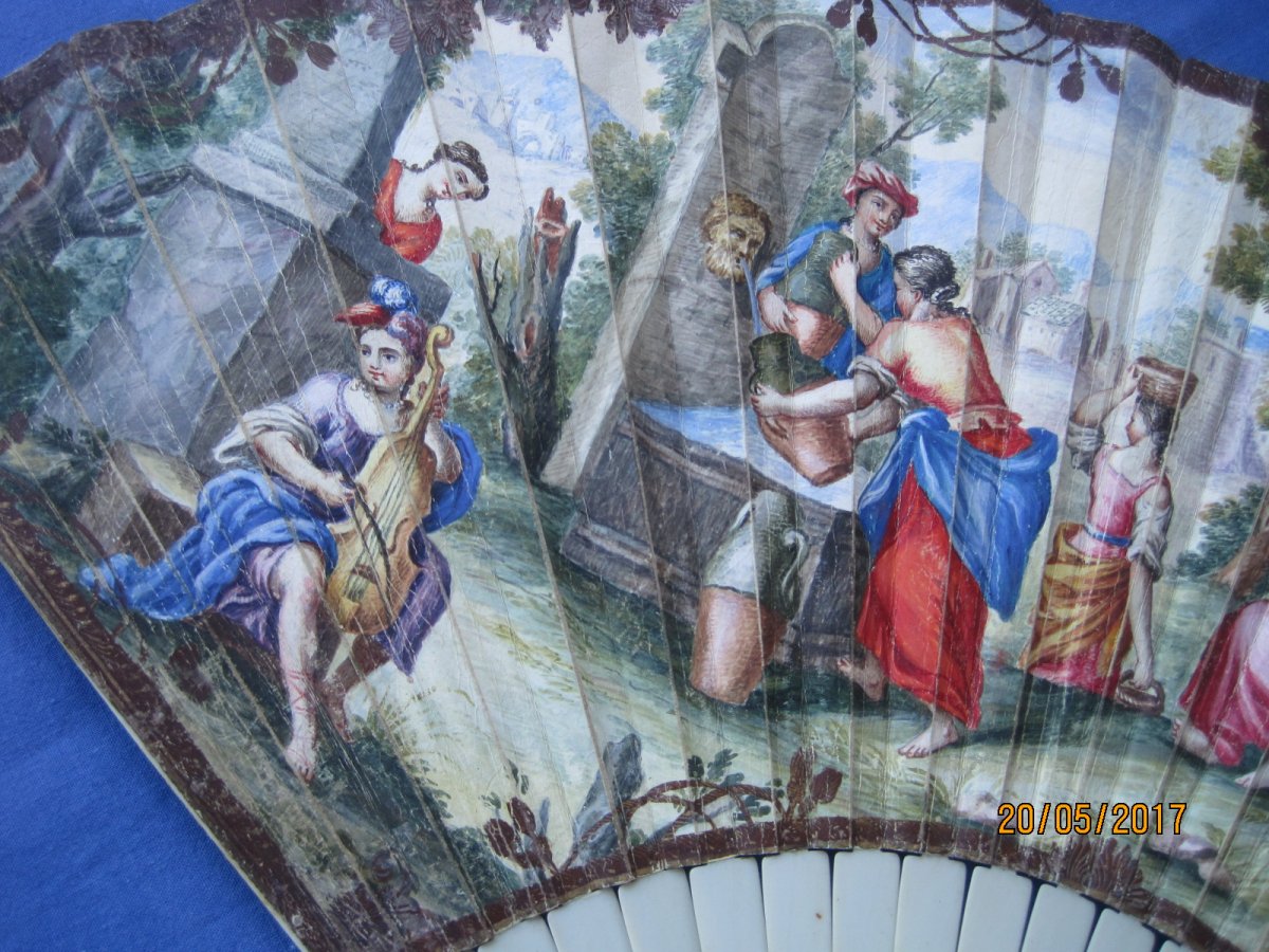 Folded Fan, Leaf In Painted Skin With Country Fete, Italy, 1720-50, Avec Cites-photo-2