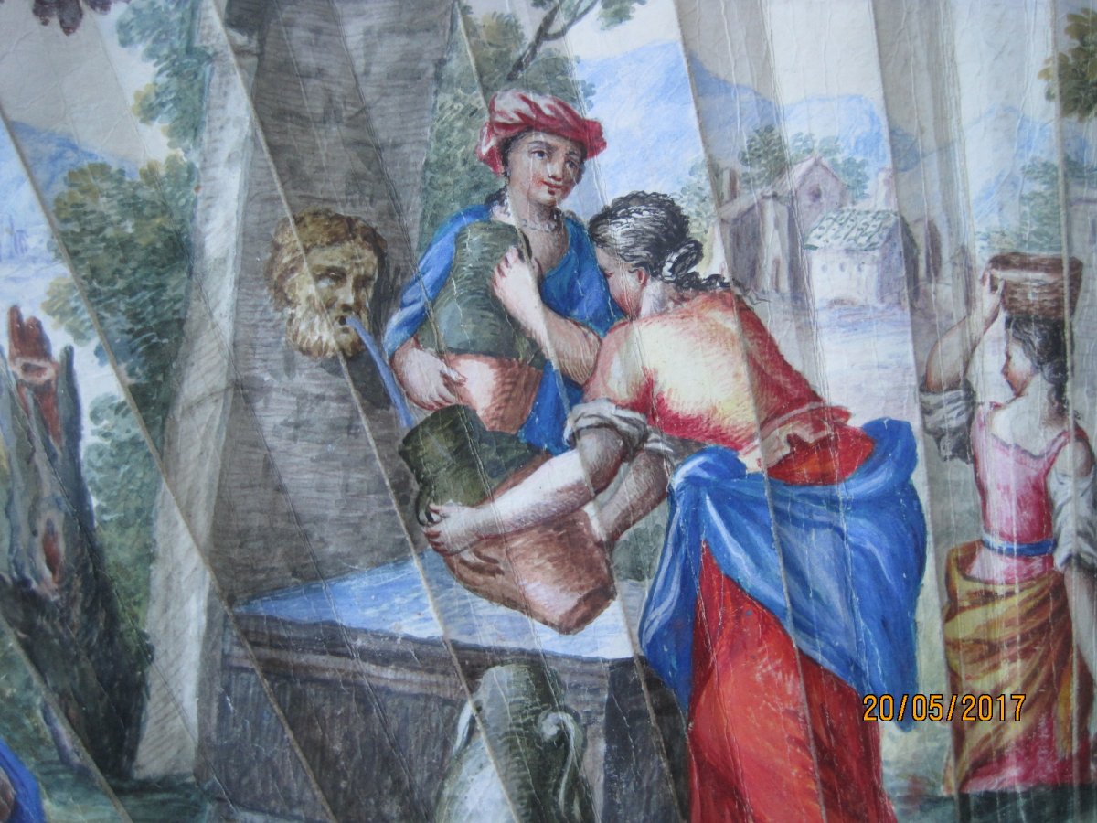 Eventail Plié, Feuille En Peau Peinte Avec Scene Champetre, monture à l'anglaise,  Italie, 1720-50 , with CITES-photo-1
