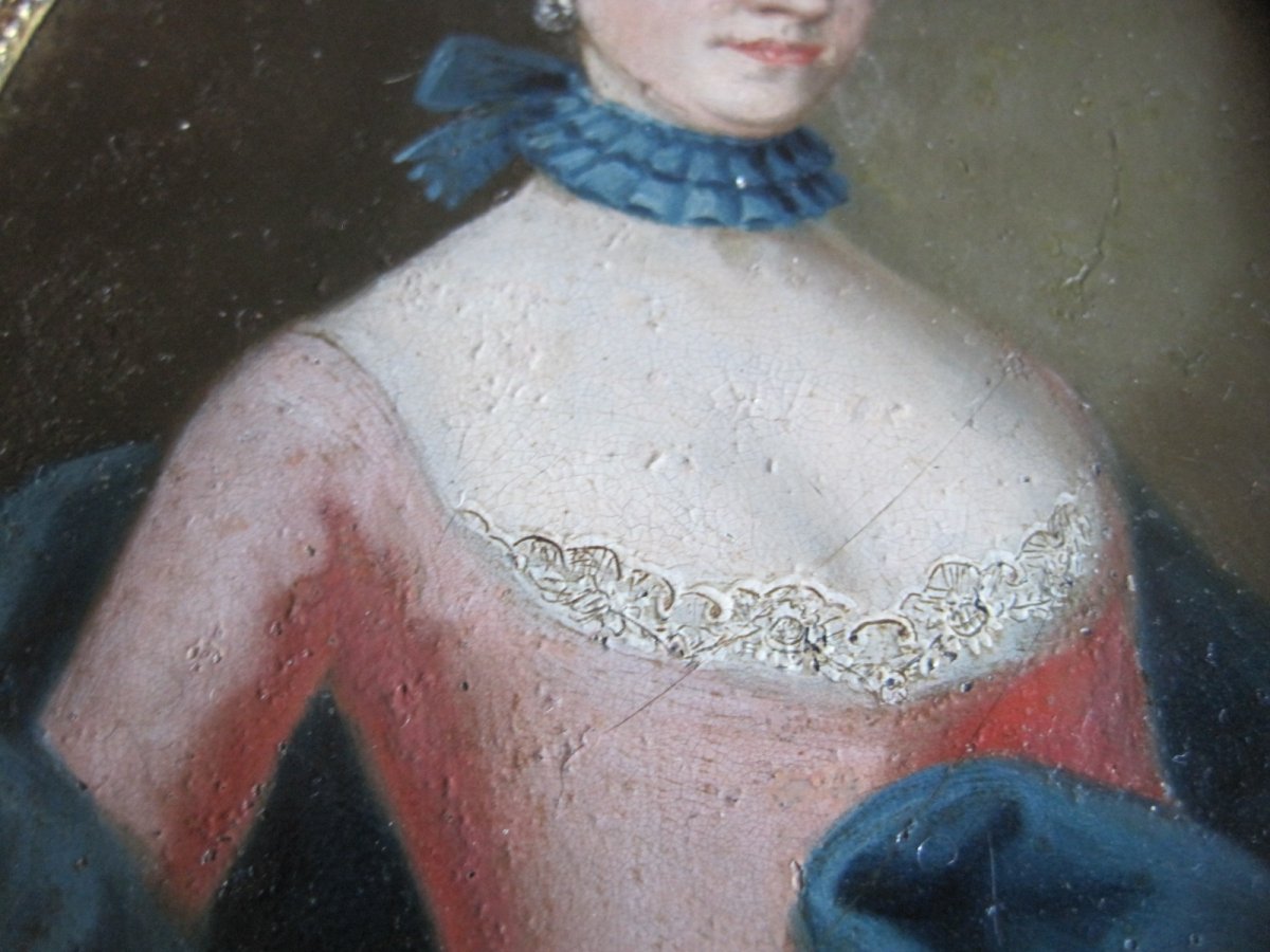 Venetian School, Miniature Portrait Of A Lady With Red Dress, Oil On Copper, Around 1750-photo-2