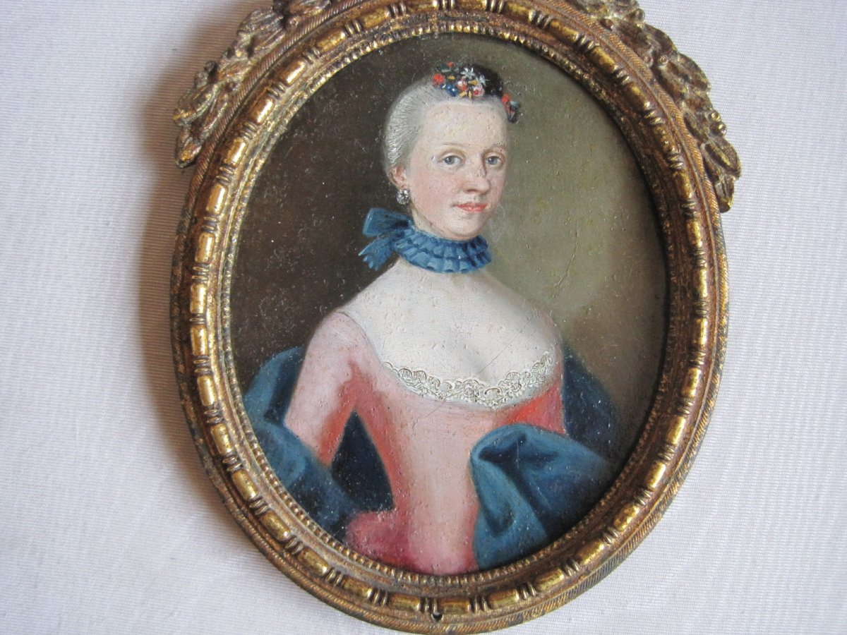 Venetian School, Miniature Portrait Of A Lady With Red Dress, Oil On Copper, Around 1750