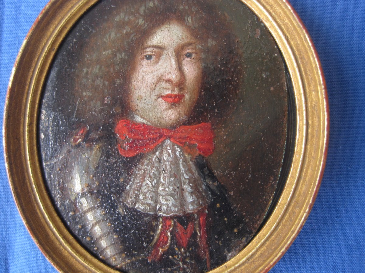 Miniature Portrait Of A Man In Armour, Oil On Copper, France 17th Century