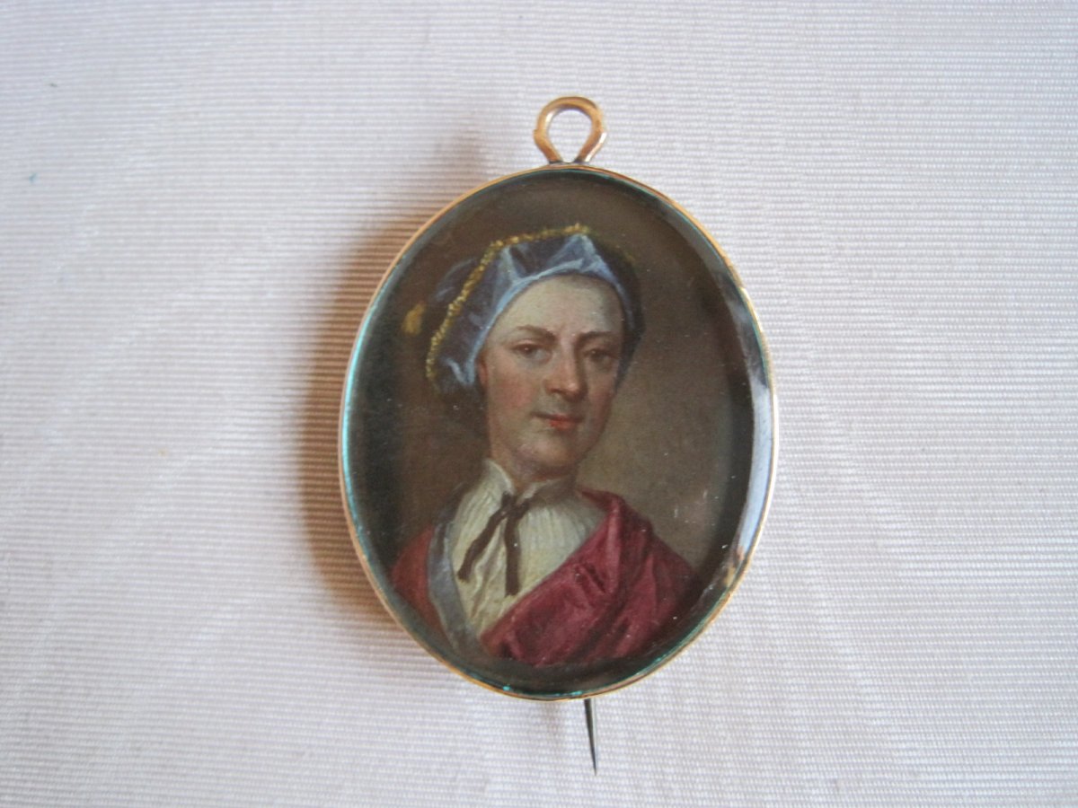 Miniature Portrait, Huile Sur Cuivre d'Un Homme, Monté à Broche, Angleterre XVIIIe Siècle  