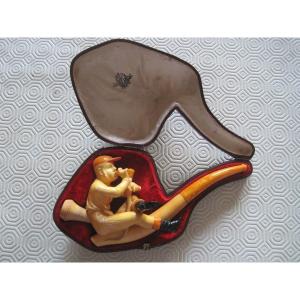 Meerschaum Cigar Holder  Representing A Jockey,  Resin  Mouthpiece, Belgium End 19th Century