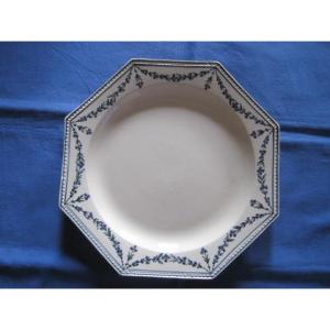 Octagonal  Ceramic Dish With Beaded Edge And Flower Festoons. France Early  19th C.