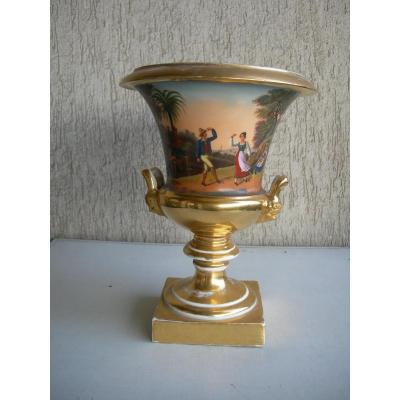 . Italian Porcelain Medici Vase, Double Handed, Hand-painted, XIXth Century  