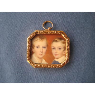 Portrait Miniature, Two Children, Watercolour On Ivory, English School, Circa 1840