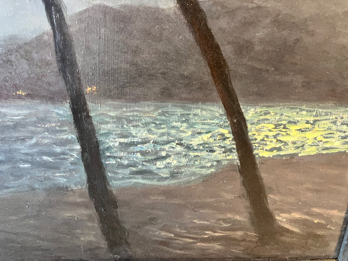 Vincent Ambrosini 1905-1982 - Moonlight Over The Sea - Oil On Panel-photo-1