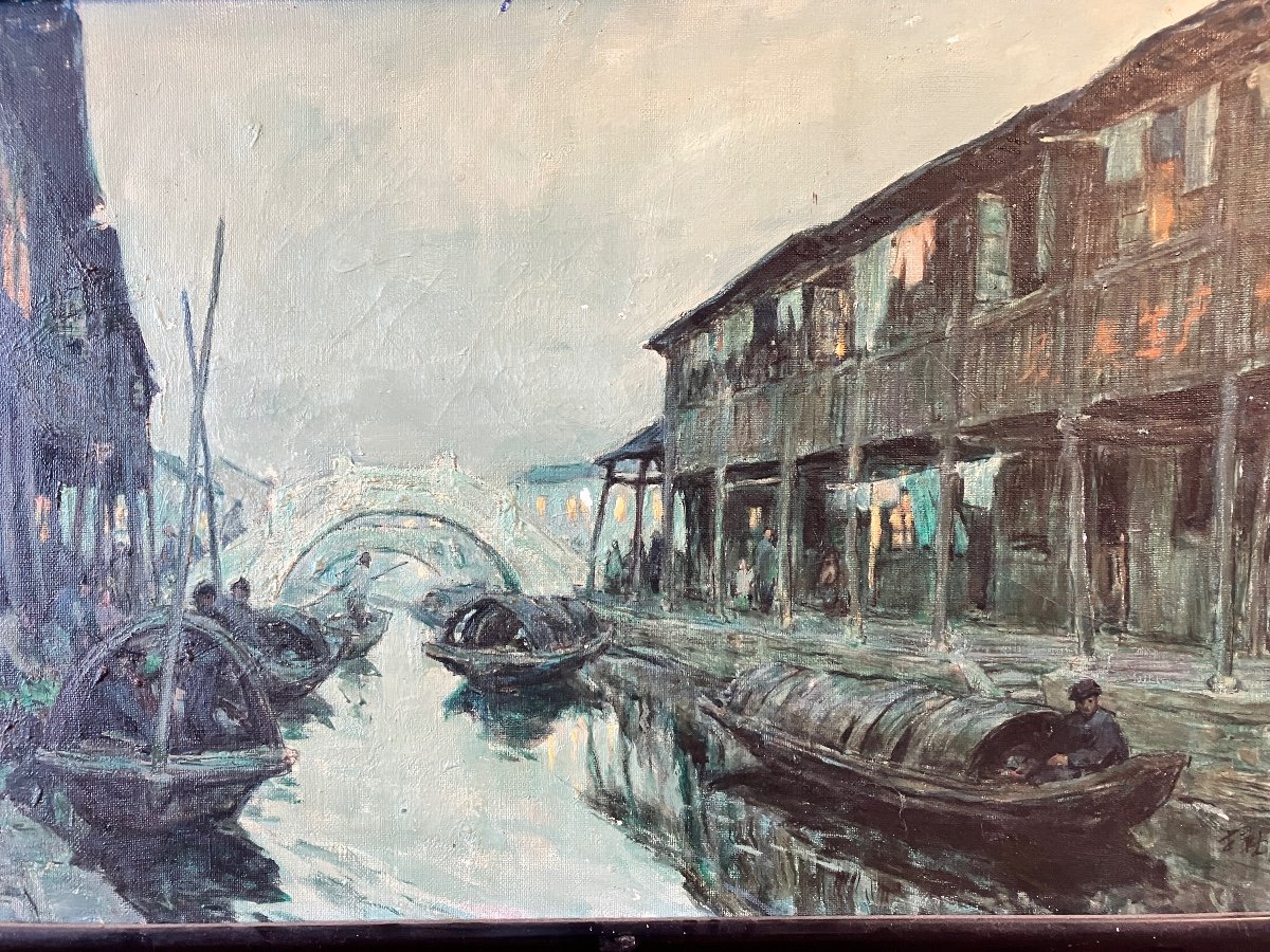 Pan Shixun - Crépuscule Sur Le Canal - Huile Sur Toile 1986  潘世勋-photo-2