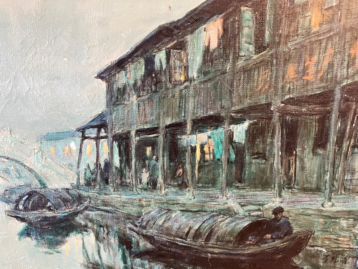 Pan Shixun - Crépuscule Sur Le Canal - Huile Sur Toile 1986  潘世勋-photo-3