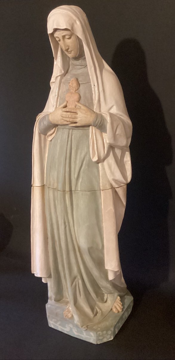 Sacred Heart Of The Virgin Mary - Large Enameled Sculpture 108 Cm - Signed And Dated 1880-photo-4