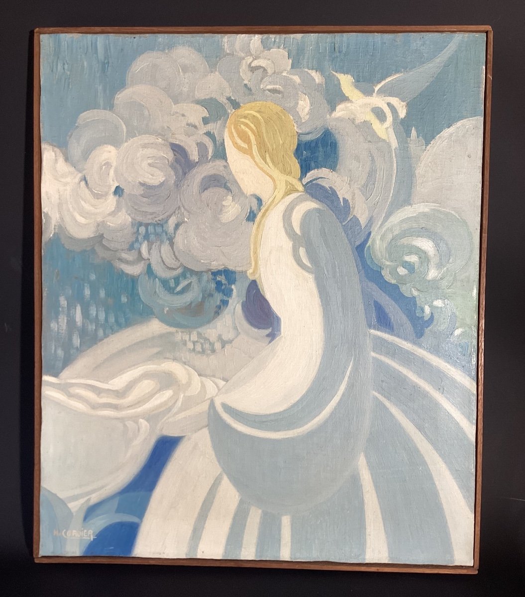 H. Cordier - Oil On Canvas - Woman In A Dreamlike Landscape - Art Deco - 46x55 Cm-photo-2